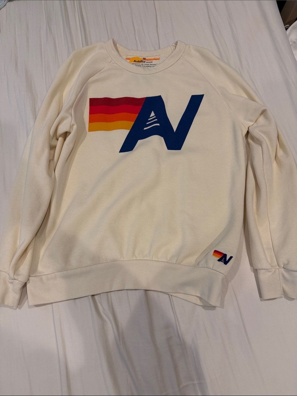 Aviator Nation Cream Crewneck with Blue Logo and Sunset Stripes medium
